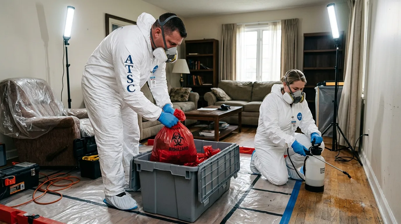 Professional Biohazard Cleanup technician in full PPE working in Lake Forest